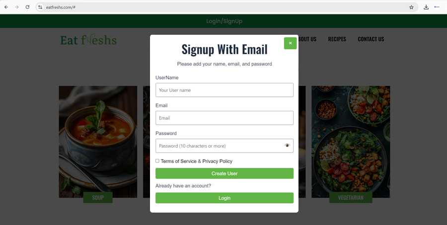 Eat Freshs SignUp with Email, UserName and Password.